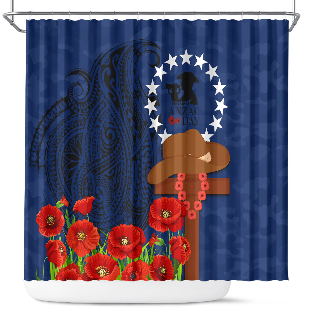 Cook Islands ANZAC Day Shower Curtain Soldier Paying Respect We Shall Remember Them LT03 Blue - Polynesian Pride