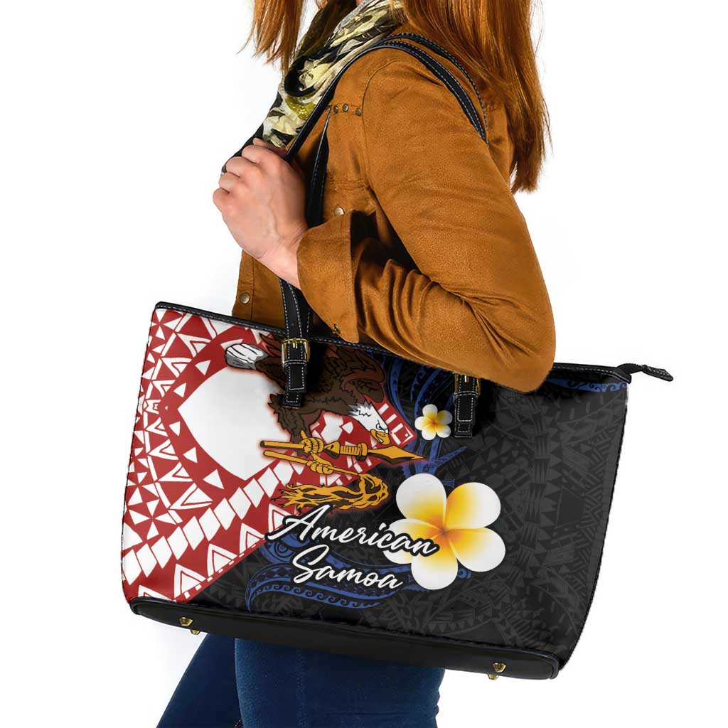 American Samoa Flag Day Leather Tote Bag Polynesian Tatau Art and Plumeria LT03 Black - Polynesian Pride