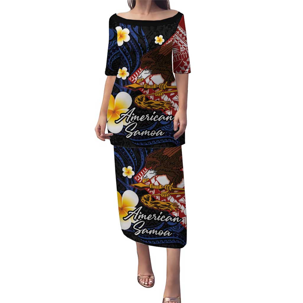American Samoa Flag Day Puletasi Polynesian Tatau Art and Plumeria LT03 Long Dress Black - Polynesian Pride