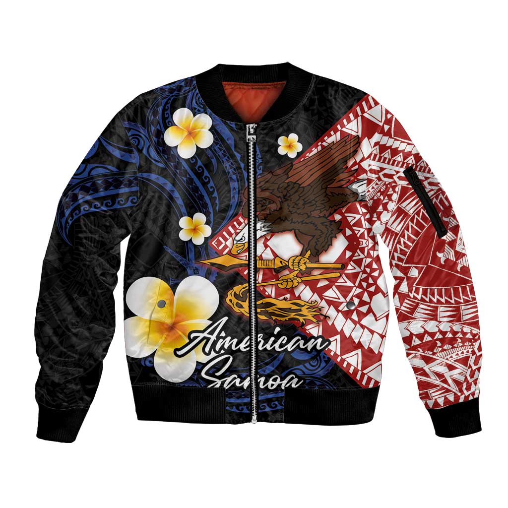 American Samoa Flag Day Sleeve Zip Bomber Jacket Polynesian Tatau Art and Plumeria LT03 Unisex Black - Polynesian Pride