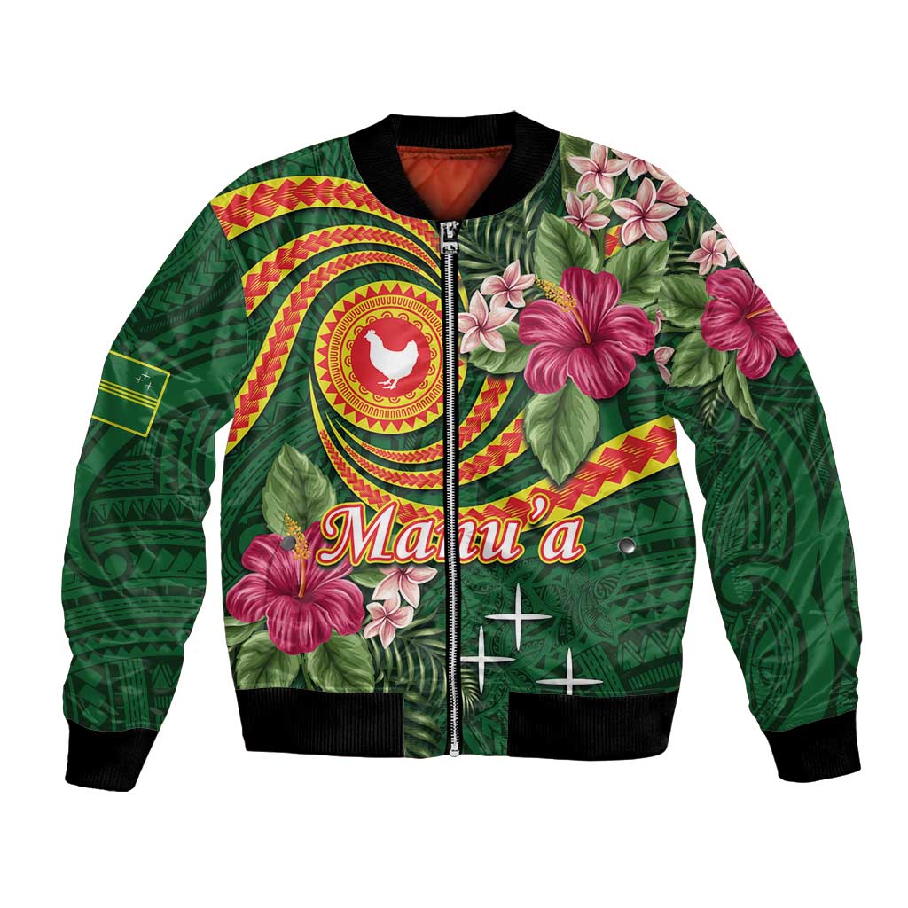 Personalised Manuʻa Islands Bomber Jacket Polynesian Art Tattoo Style and Tropical Plants LT03 Unisex Green - Polynesian Pride