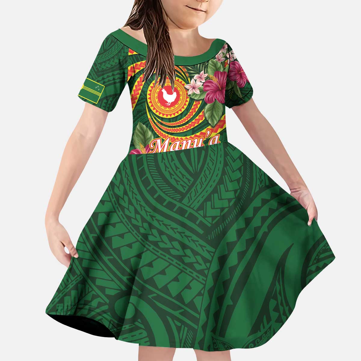Personalised Manuʻa Islands Kid Short Sleeve Dress Polynesian Art Tattoo Style and Tropical Plants LT03 KID Green - Polynesian Pride