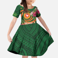 Personalised Manuʻa Islands Kid Short Sleeve Dress Polynesian Art Tattoo Style and Tropical Plants LT03 KID Green - Polynesian Pride