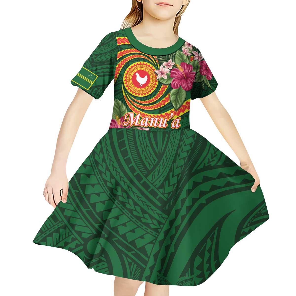 Personalised Manuʻa Islands Kid Short Sleeve Dress Polynesian Art Tattoo Style and Tropical Plants LT03 - Polynesian Pride