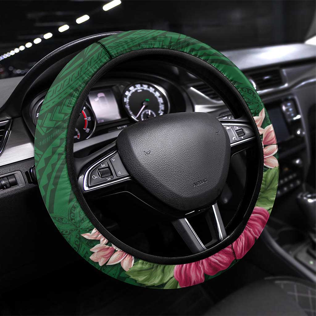 Manuʻa Islands Steering Wheel Cover Polynesian Art Tattoo Style and Tropical Plants