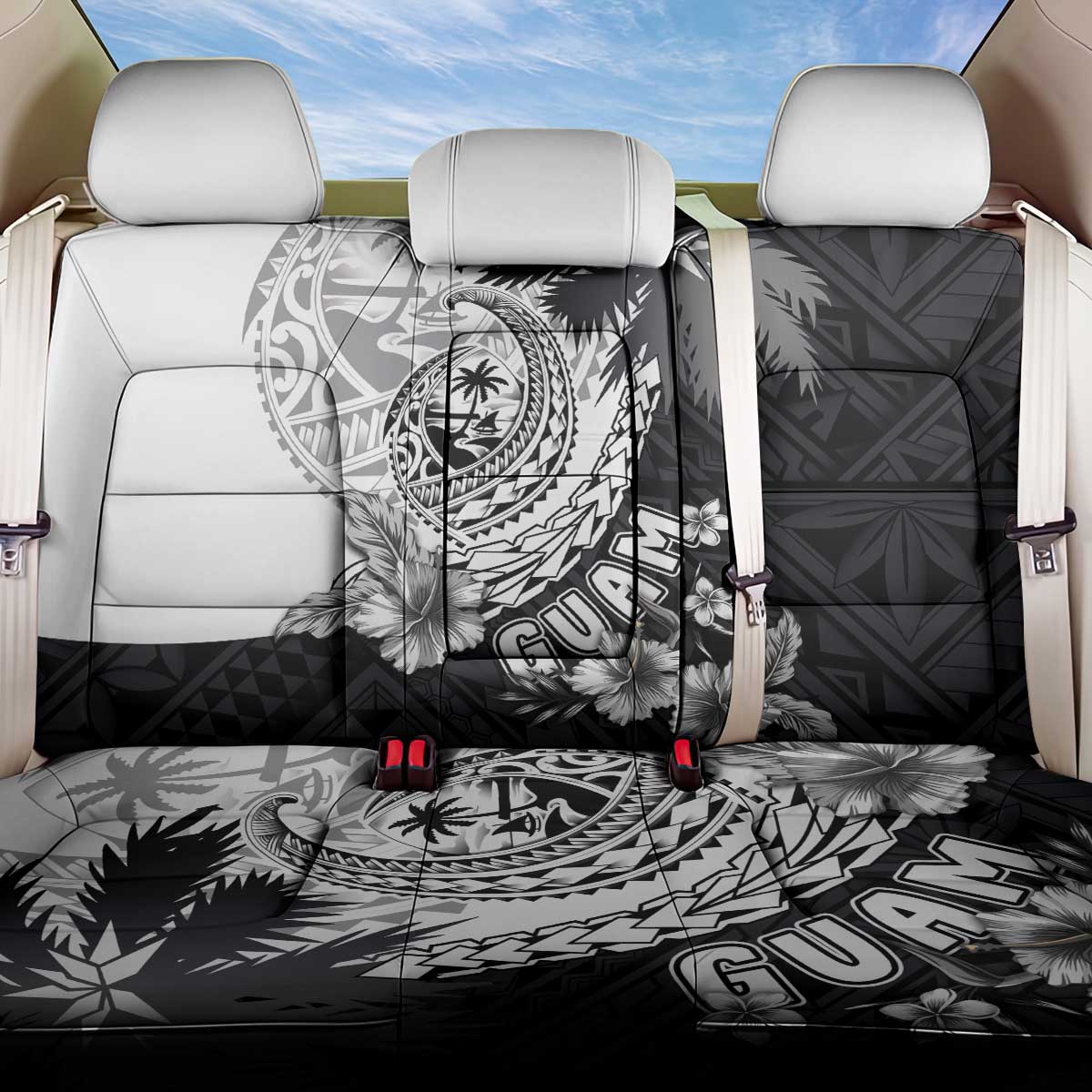 Hafa Adai Guam Back Car Seat Cover Polynesian Palm Tree Tattoo Hibiscus and Plumeria Art LT03 One Size Black - Polynesian Pride