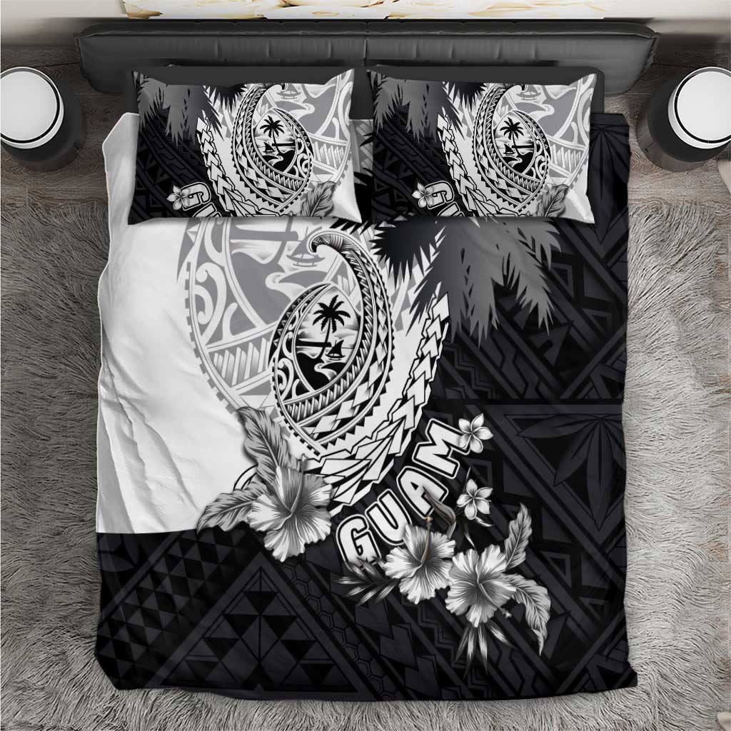 Hafa Adai Guam Bedding Set Polynesian Palm Tree Tattoo Hibiscus and Plumeria Art LT03 Black - Polynesian Pride