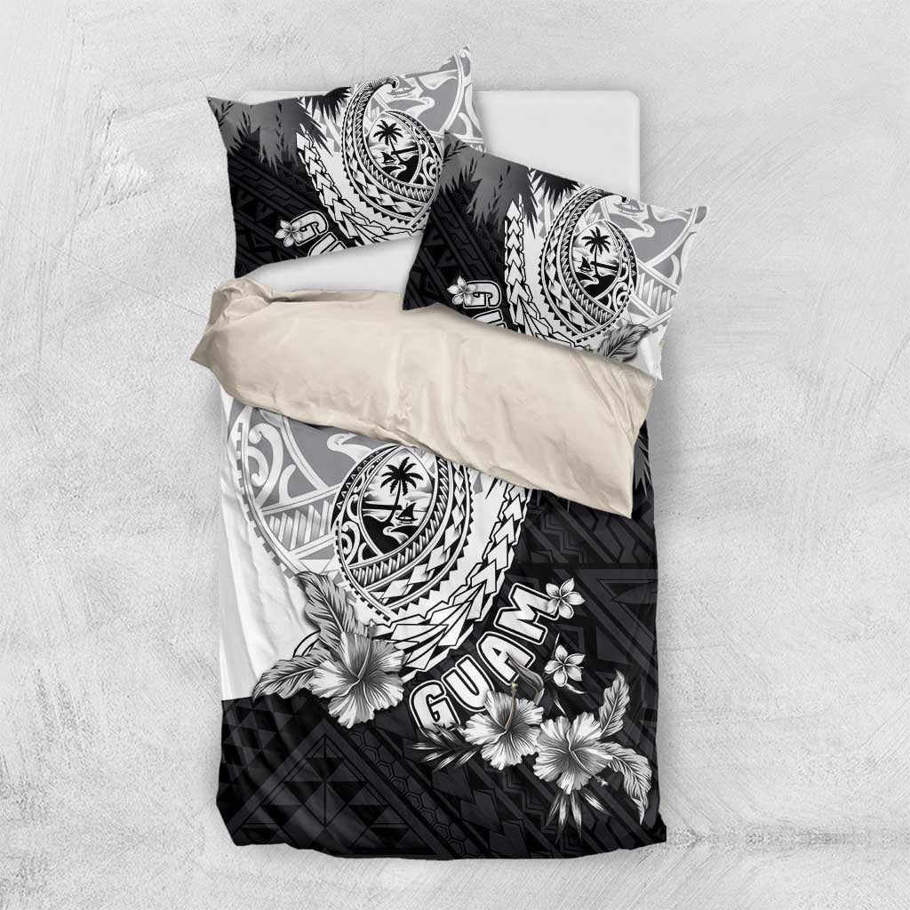 Hafa Adai Guam Bedding Set Polynesian Palm Tree Tattoo Hibiscus and Plumeria Art LT03 US Twin 172cm x 218cm Black - Polynesian Pride