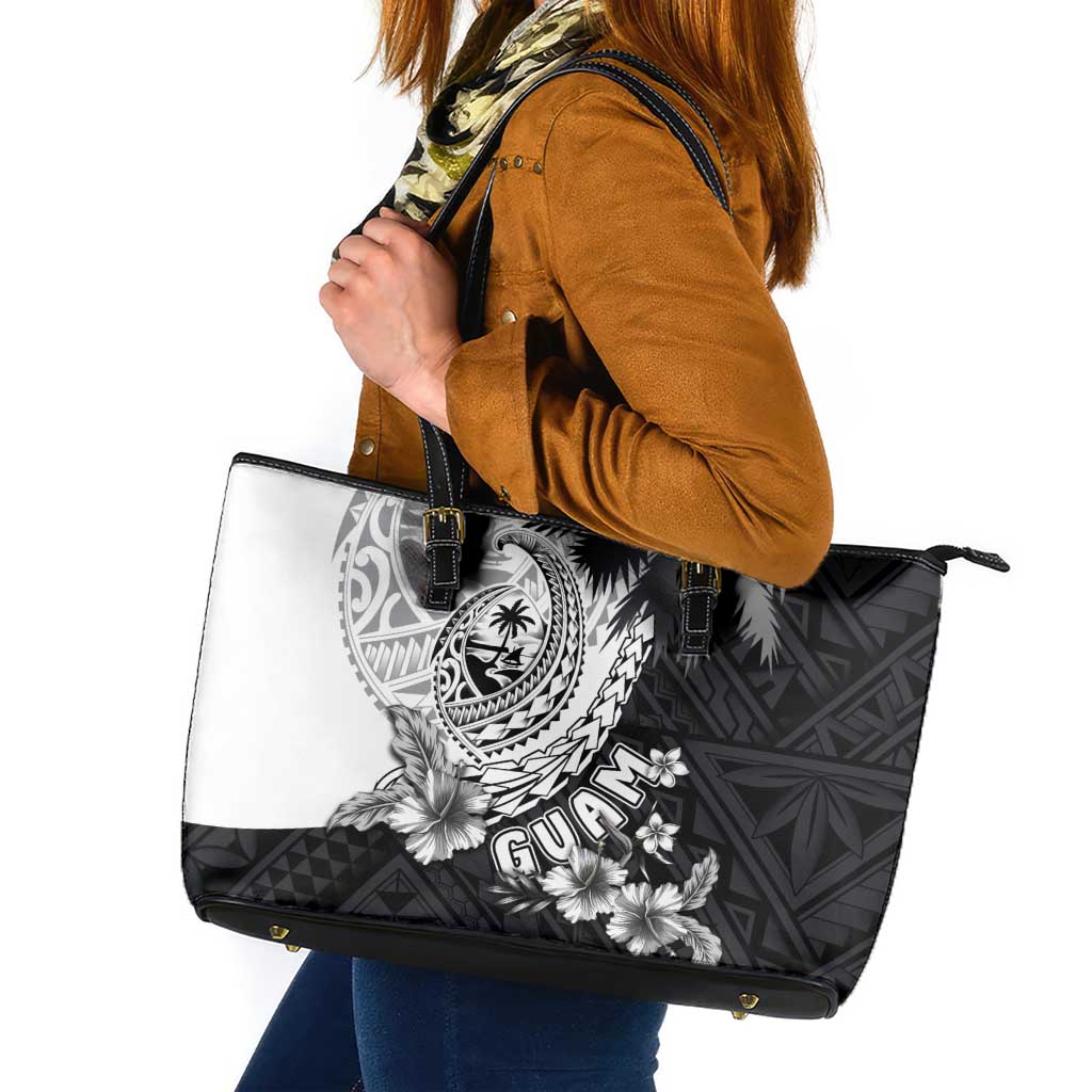 Hafa Adai Guam Leather Tote Bag Polynesian Palm Tree Tattoo Hibiscus and Plumeria Art LT03 Black - Polynesian Pride