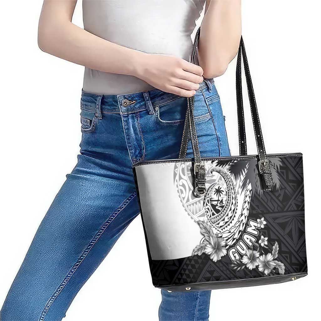 Hafa Adai Guam Leather Tote Bag Polynesian Palm Tree Tattoo Hibiscus and Plumeria Art LT03 - Polynesian Pride