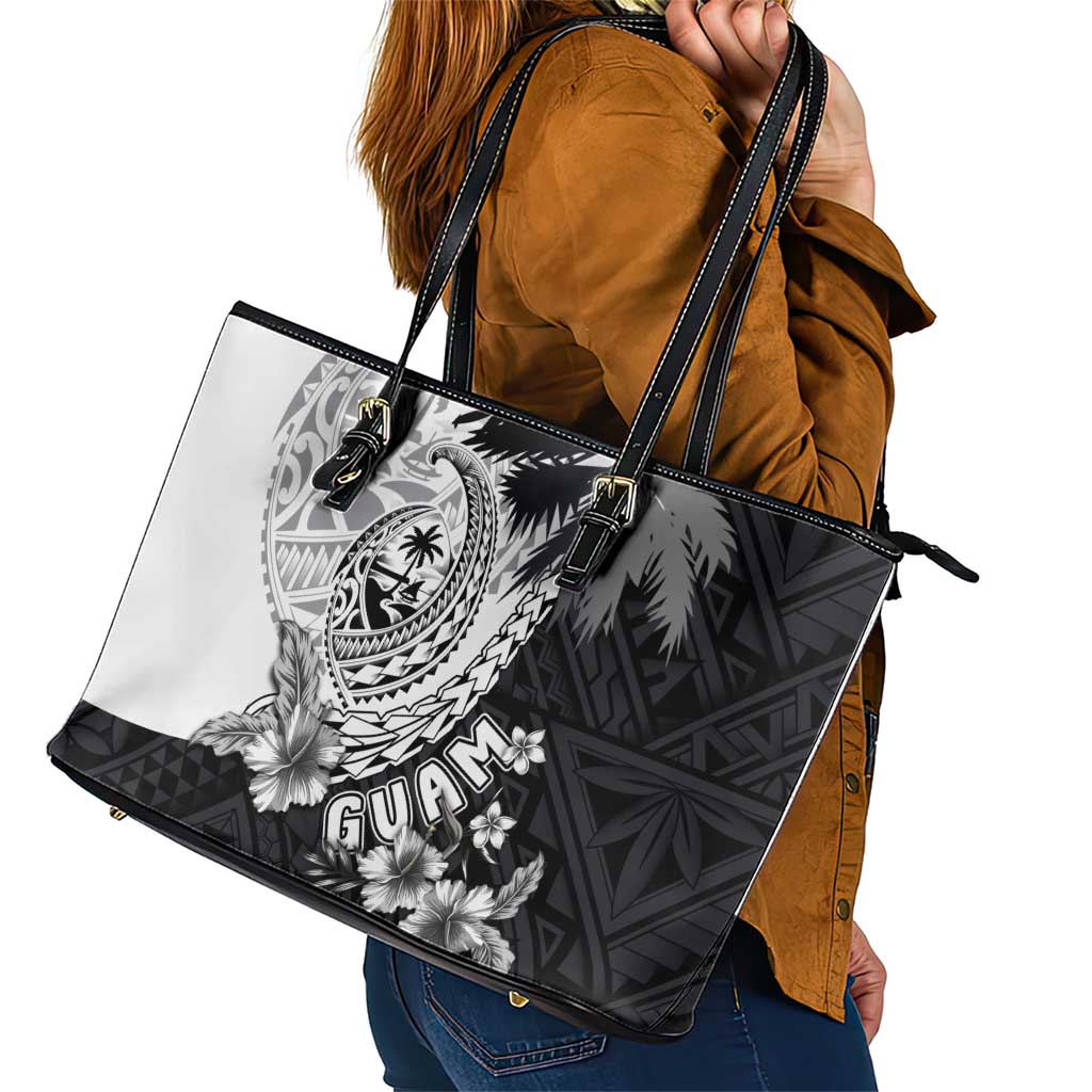 Hafa Adai Guam Leather Tote Bag Polynesian Palm Tree Tattoo Hibiscus and Plumeria Art LT03 - Polynesian Pride