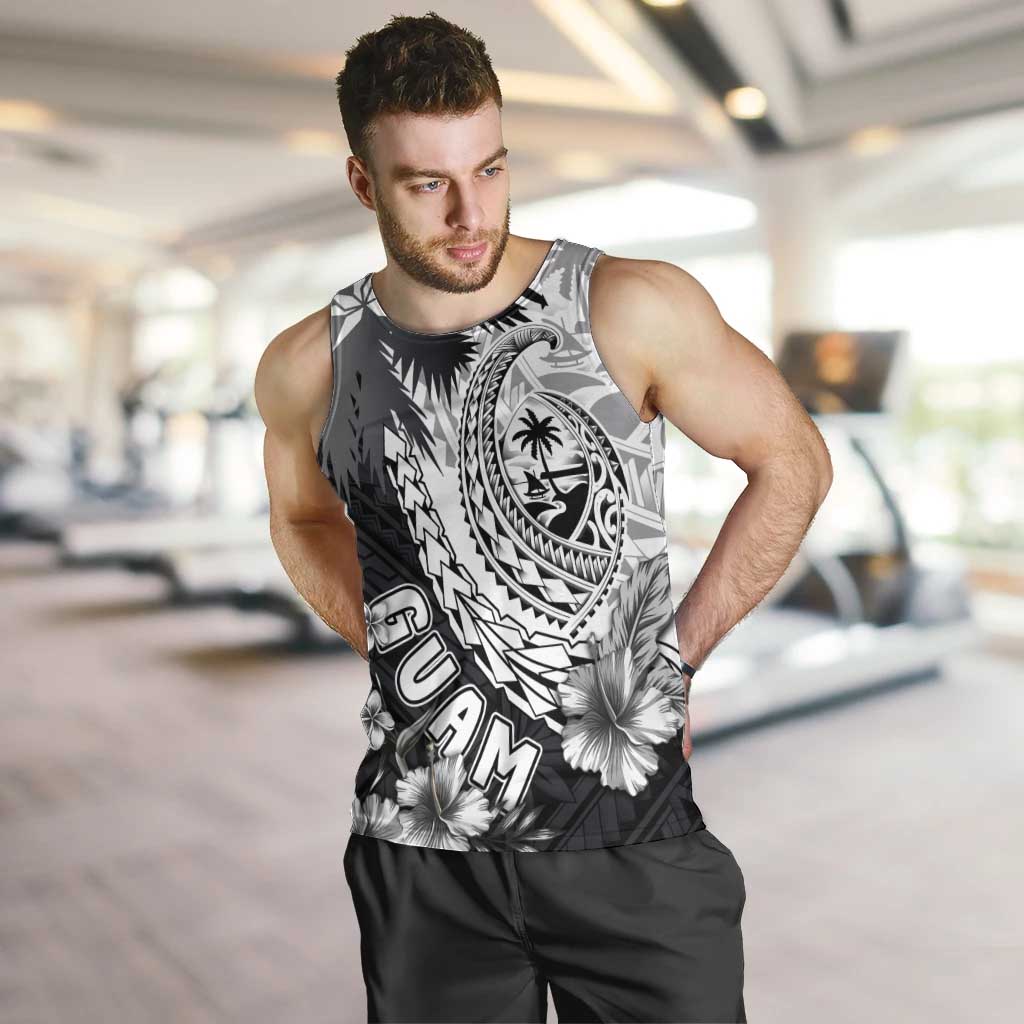 Hafa Adai Guam Men Tank Top Polynesian Palm Tree Tattoo Hibiscus and Plumeria Art LT03 Black - Polynesian Pride