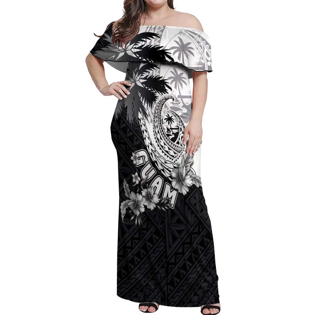 Hafa Adai Guam Off Shoulder Maxi Dress Polynesian Palm Tree Tattoo Hibiscus and Plumeria Art LT03 Women Black - Polynesian Pride