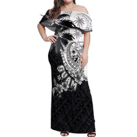 Hafa Adai Guam Off Shoulder Maxi Dress Polynesian Palm Tree Tattoo Hibiscus and Plumeria Art LT03 Women Black - Polynesian Pride