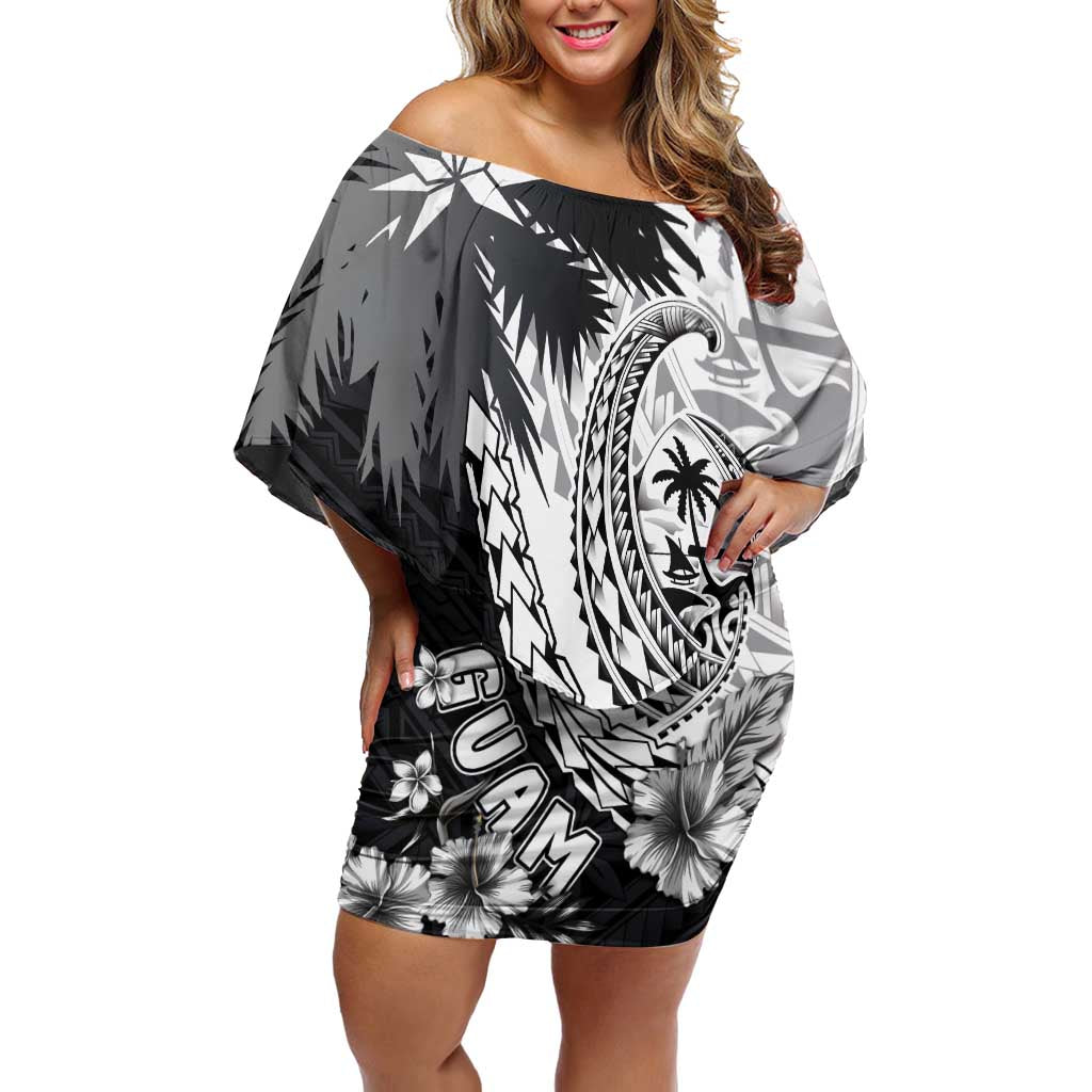 Hafa Adai Guam Off Shoulder Short Dress Polynesian Palm Tree Tattoo Hibiscus and Plumeria Art LT03 Women Black - Polynesian Pride