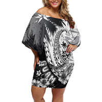 Hafa Adai Guam Off Shoulder Short Dress Polynesian Palm Tree Tattoo Hibiscus and Plumeria Art LT03 Women Black - Polynesian Pride