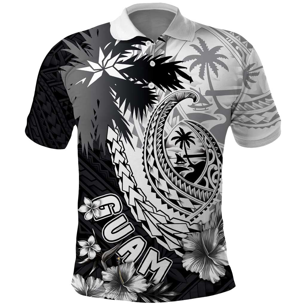 Hafa Adai Guam Polo Shirt Polynesian Palm Tree Tattoo Hibiscus and Plumeria Art LT03 Black - Polynesian Pride