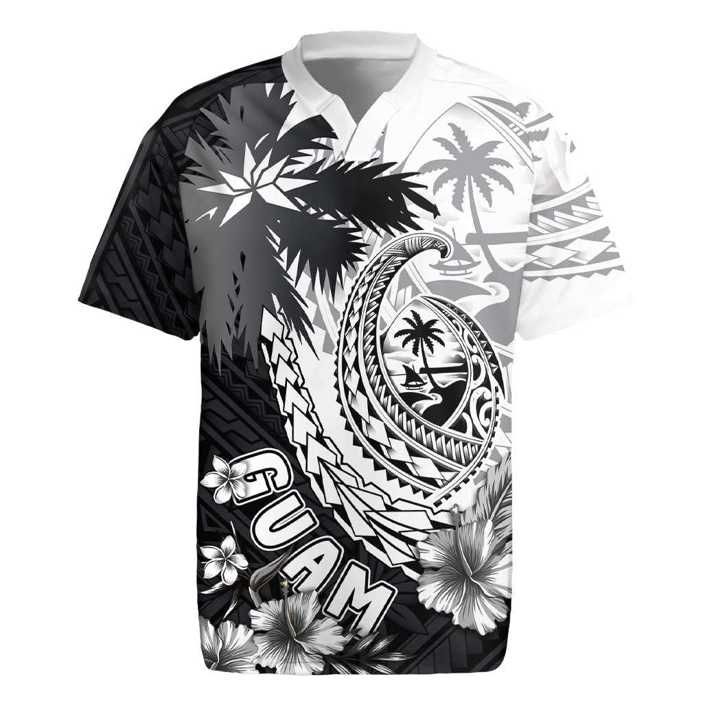 Hafa Adai Guam Rugby Jersey Polynesian Palm Tree Tattoo Hibiscus and Plumeria Art LT03 Black - Polynesian Pride