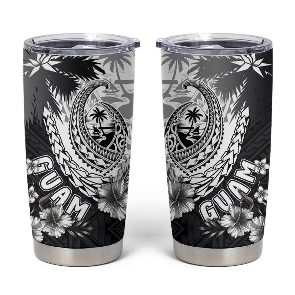 Hafa Adai Guam Tumbler Cup Polynesian Palm Tree Tattoo Hibiscus and Plumeria Art LT03 Black - Polynesian Pride