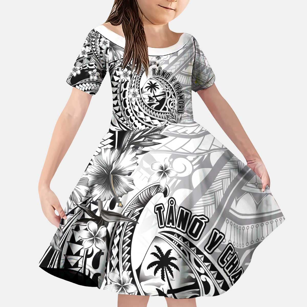 Guam-Land of the Chamorro Kid Short Sleeve Dress Polynesian Tattoo Style Hibiscus and Plumeria Art LT03 KID Black - Polynesian Pride