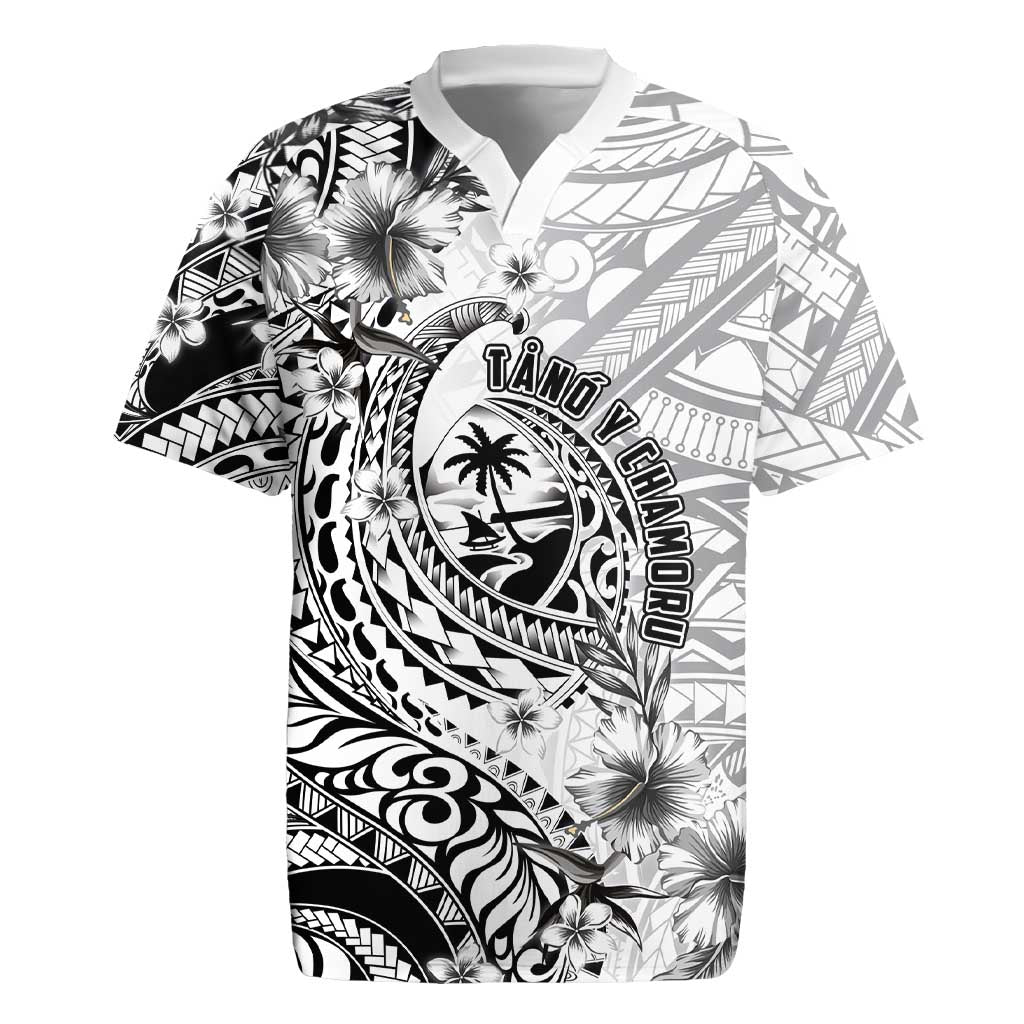 Guam-Land of the Chamorro Rugby Jersey Polynesian Tattoo Style Hibiscus and Plumeria Art LT03 Black - Polynesian Pride