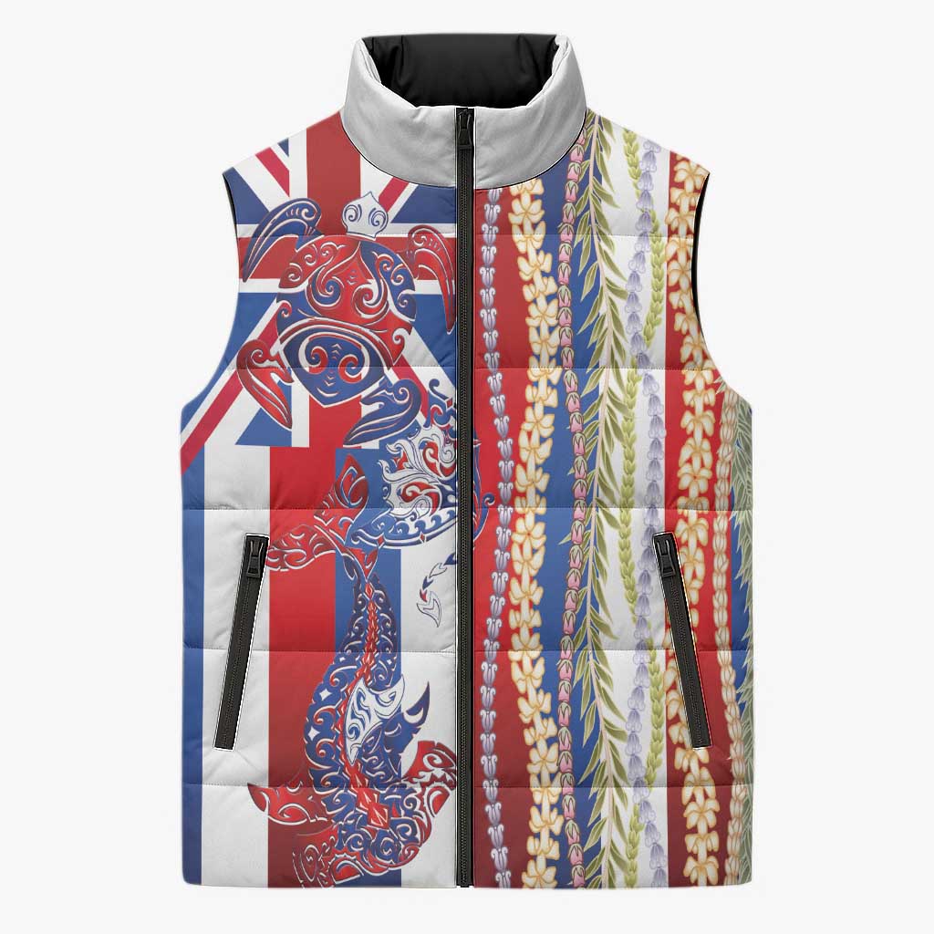 Hawaiian Sea Animals Sleeveless Puffer Jacket with Lei and Flag Style LT03 Unisex Multicolor - Polynesian Pride
