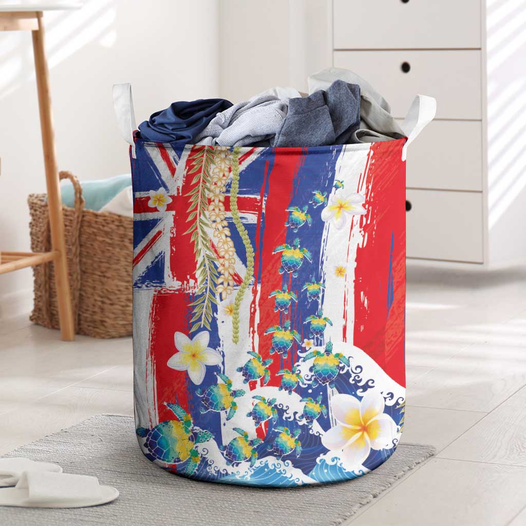 Hawaiian Sea Turtles and Plumeria Laundry Basket with Lei and Flag Grunge Style LT03 Multicolor - Polynesian Pride
