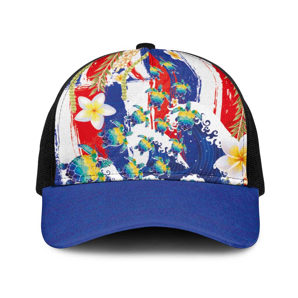 Hawaiian Sea Turtles and Plumeria Baseball Net Cap with Lei and Flag Grunge Style LT03 One Size Black Multicolor - Polynesian Pride
