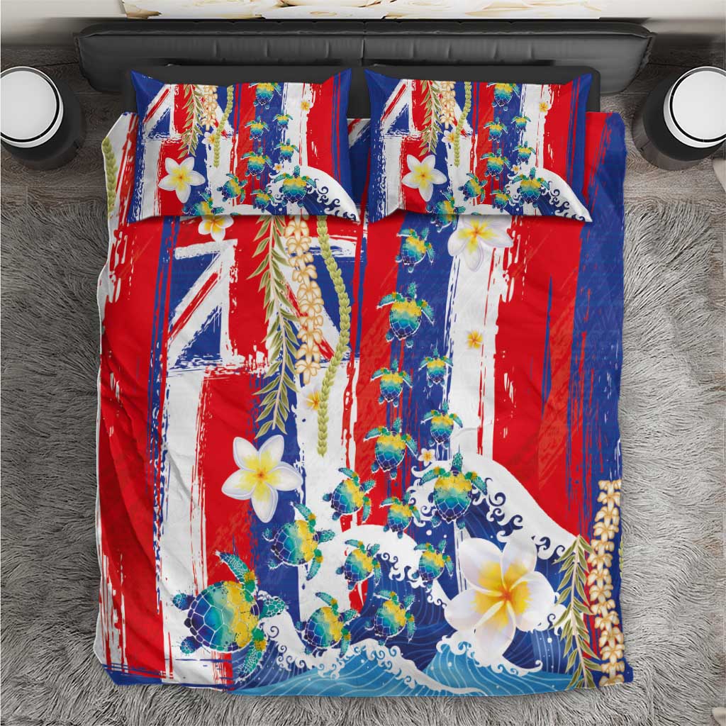 Hawaiian Sea Turtles and Plumeria Bedding Set with Lei and Flag Grunge Style LT03 Multicolor - Polynesian Pride