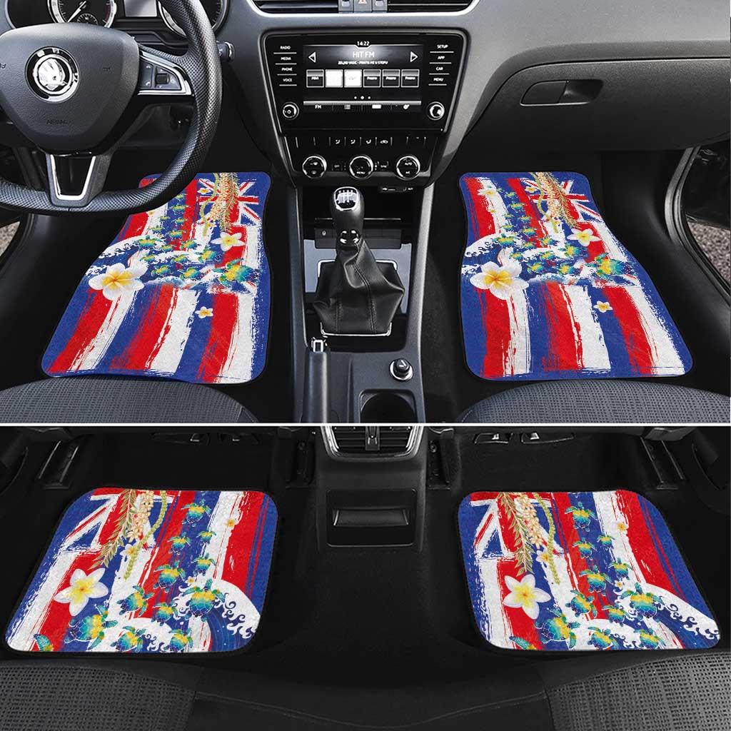 Hawaiian Sea Turtles and Plumeria Car Mats with Lei and Flag Grunge Style LT03 Set 4pcs Multicolor - Polynesian Pride