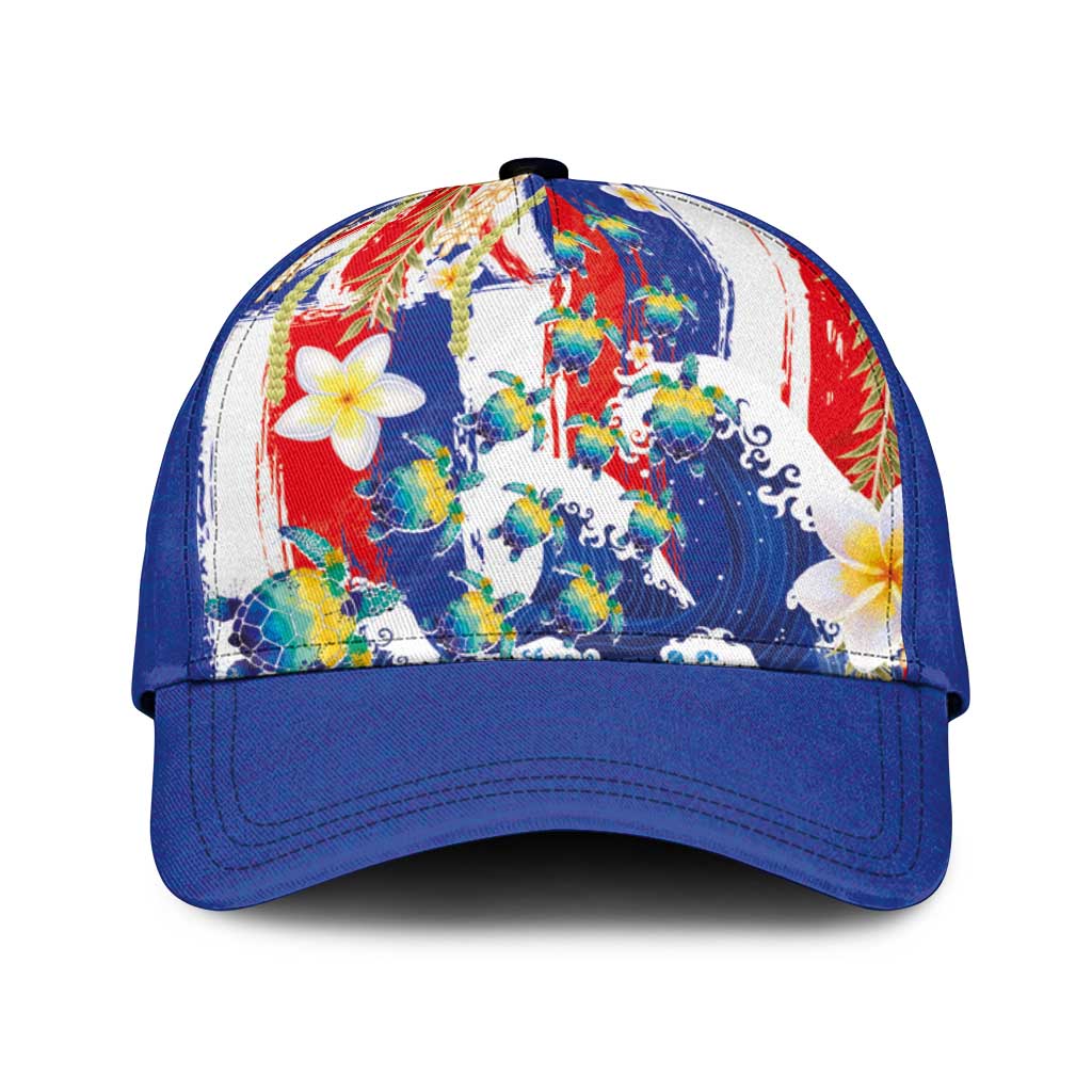 Hawaiian Sea Turtles and Plumeria Classic Cap with Lei and Flag Grunge Style LT03 Universal Fit Multicolor - Polynesian Pride