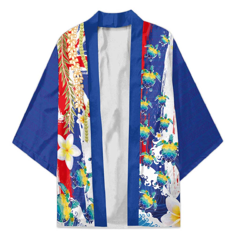 Hawaiian Sea Turtles and Plumeria Kimono with Lei and Flag Grunge Style LT03 Unisex Multicolor - Polynesian Pride