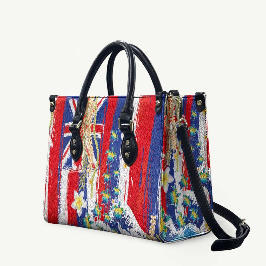 Hawaiian Sea Turtles and Plumeria Leather Bag with Lei and Flag Grunge Style LT03 Multicolor - Polynesian Pride