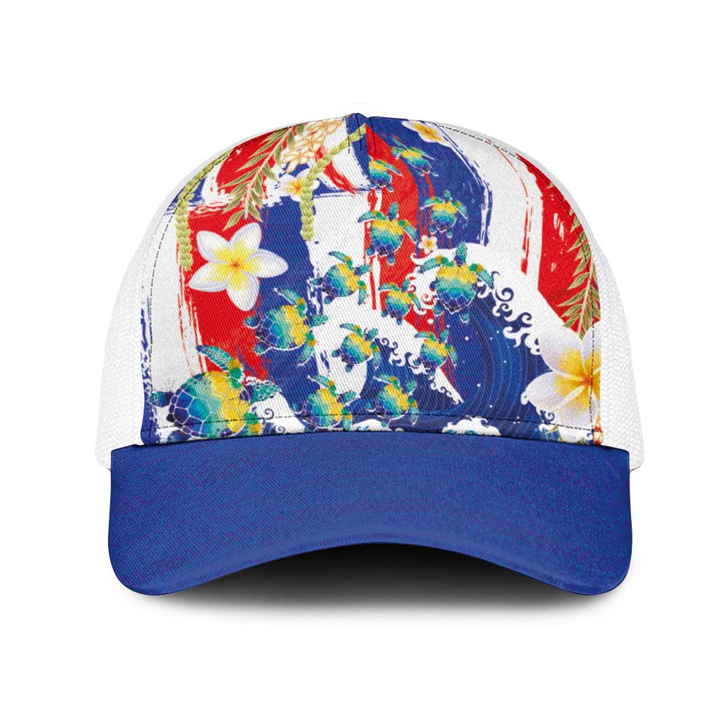 Hawaiian Sea Turtles and Plumeria Mesh Trucker Cap with Lei and Flag Grunge Style LT03 One Size White Multicolor - Polynesian Pride