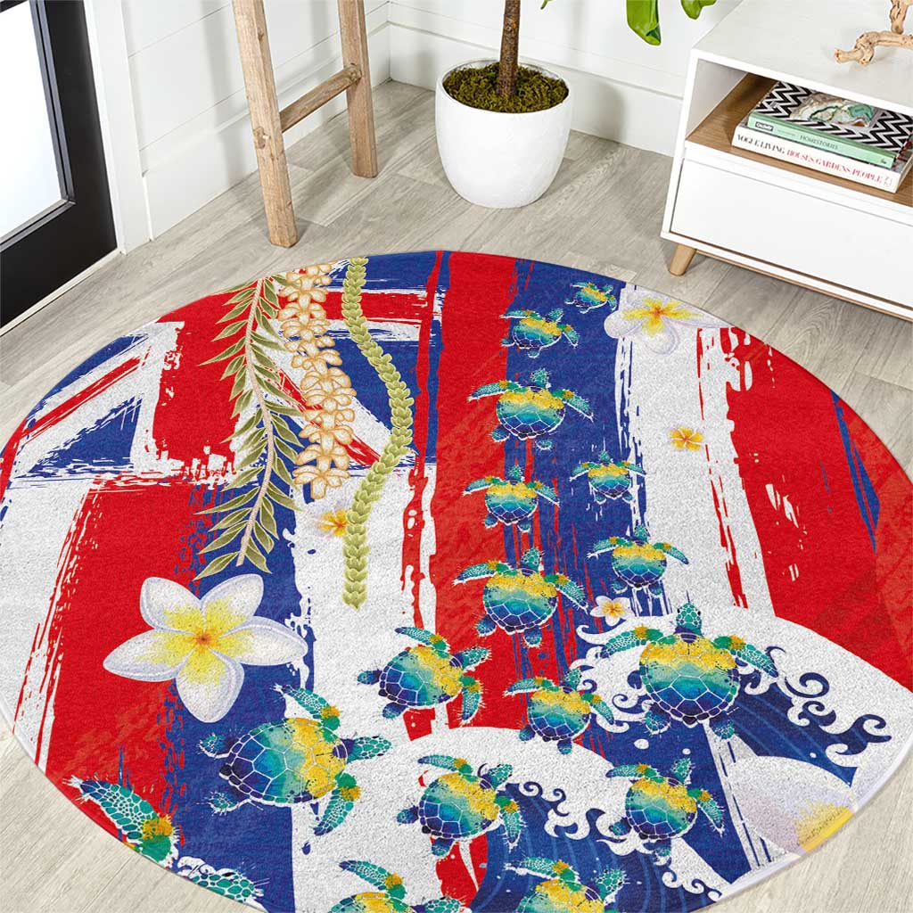 Hawaiian Sea Turtles and Plumeria Round Carpet with Lei and Flag Grunge Style LT03 Multicolor - Polynesian Pride