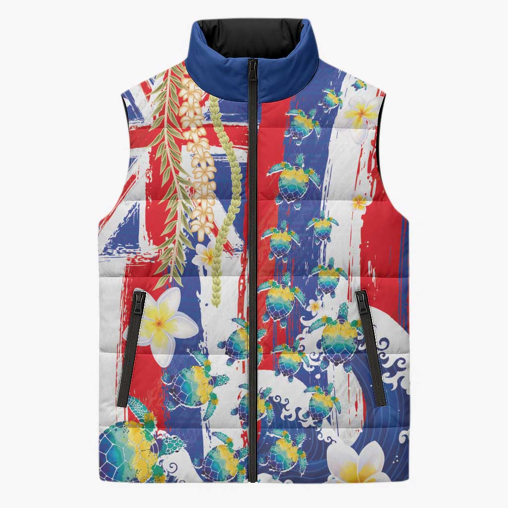 Hawaiian Sea Turtles and Plumeria Sleeveless Puffer Jacket with Lei and Flag Grunge Style LT03 Unisex Multicolor - Polynesian Pride