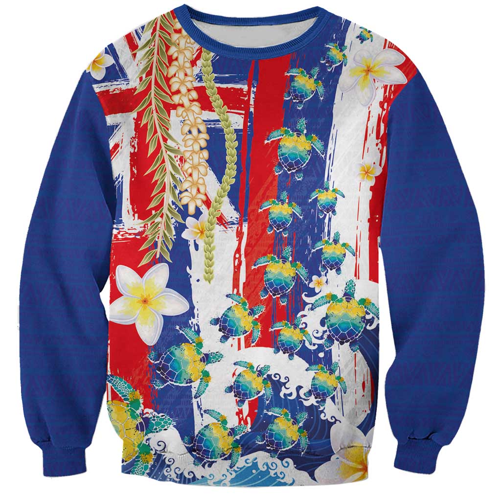 Hawaiian Sea Turtles and Plumeria Sweatshirt with Lei and Flag Grunge Style LT03 Unisex Multicolor - Polynesian Pride