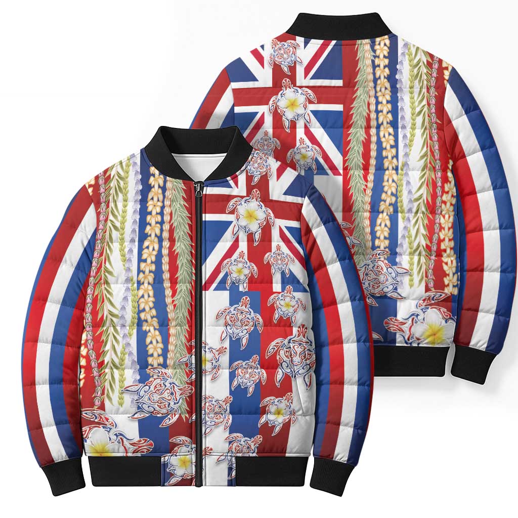 Hawaiian Polynesian Tribal Turtles Bomber Puffer Jacket with Lei and Flag Style LT03 - Polynesian Pride