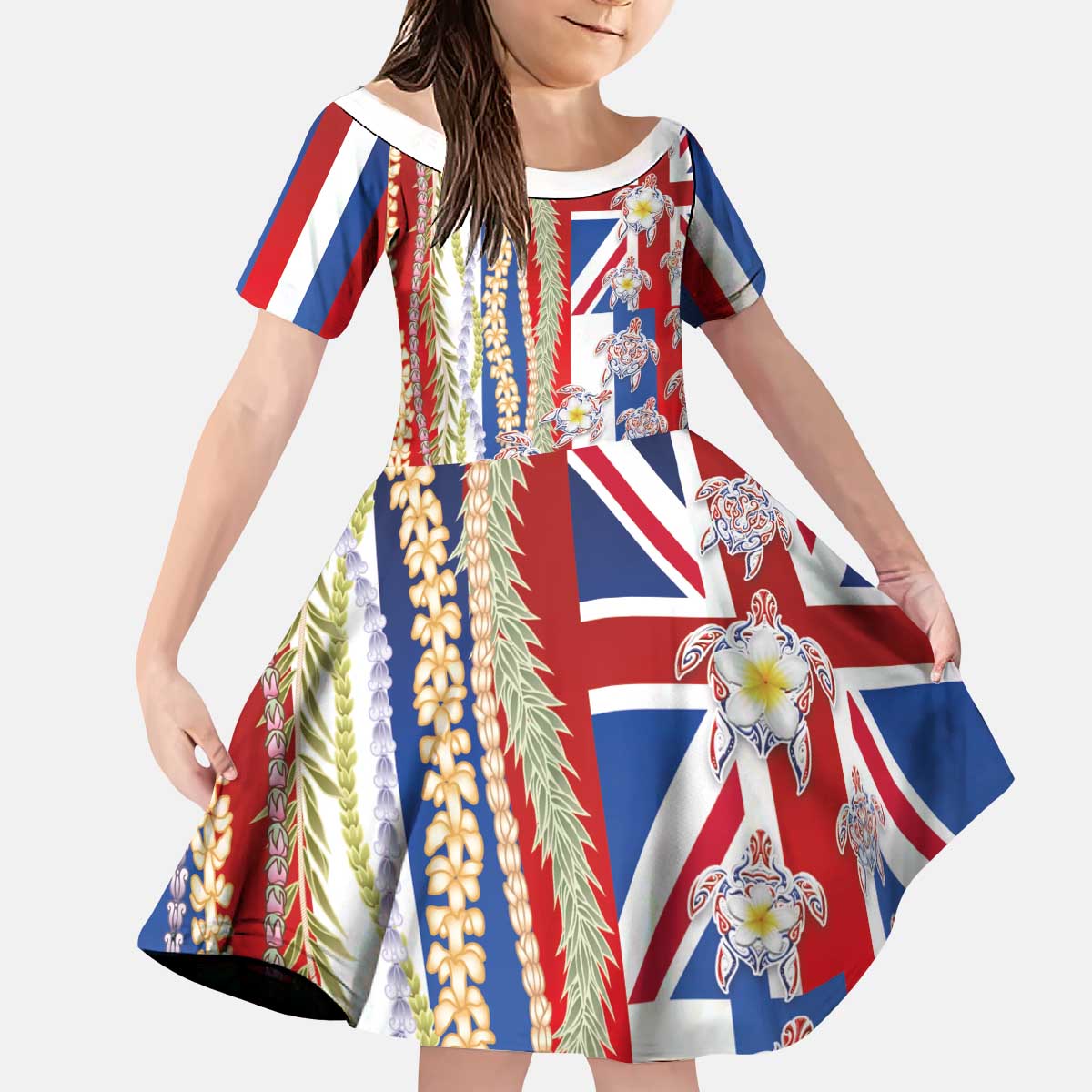 Hawaiian Polynesian Tribal Turtles Kid Short Sleeve Dress with Lei and Flag Style LT03 KID Multicolor - Polynesian Pride