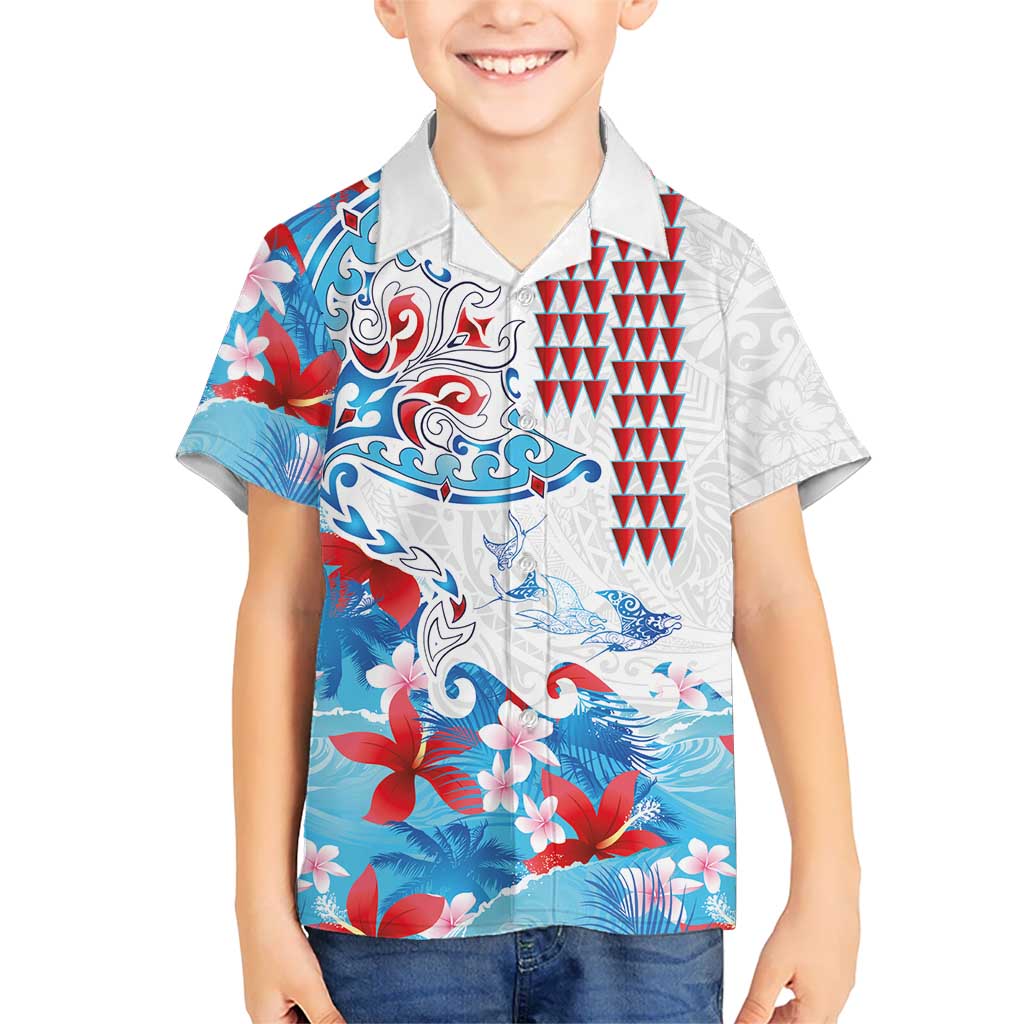 Hawaiian Tribal Manta Ray Kid Hawaiian Shirt Kakau Tattoo and Flowers Surfing Waves Pattern Ocean Color LT03 Kid Multicolor - Polynesian Pride