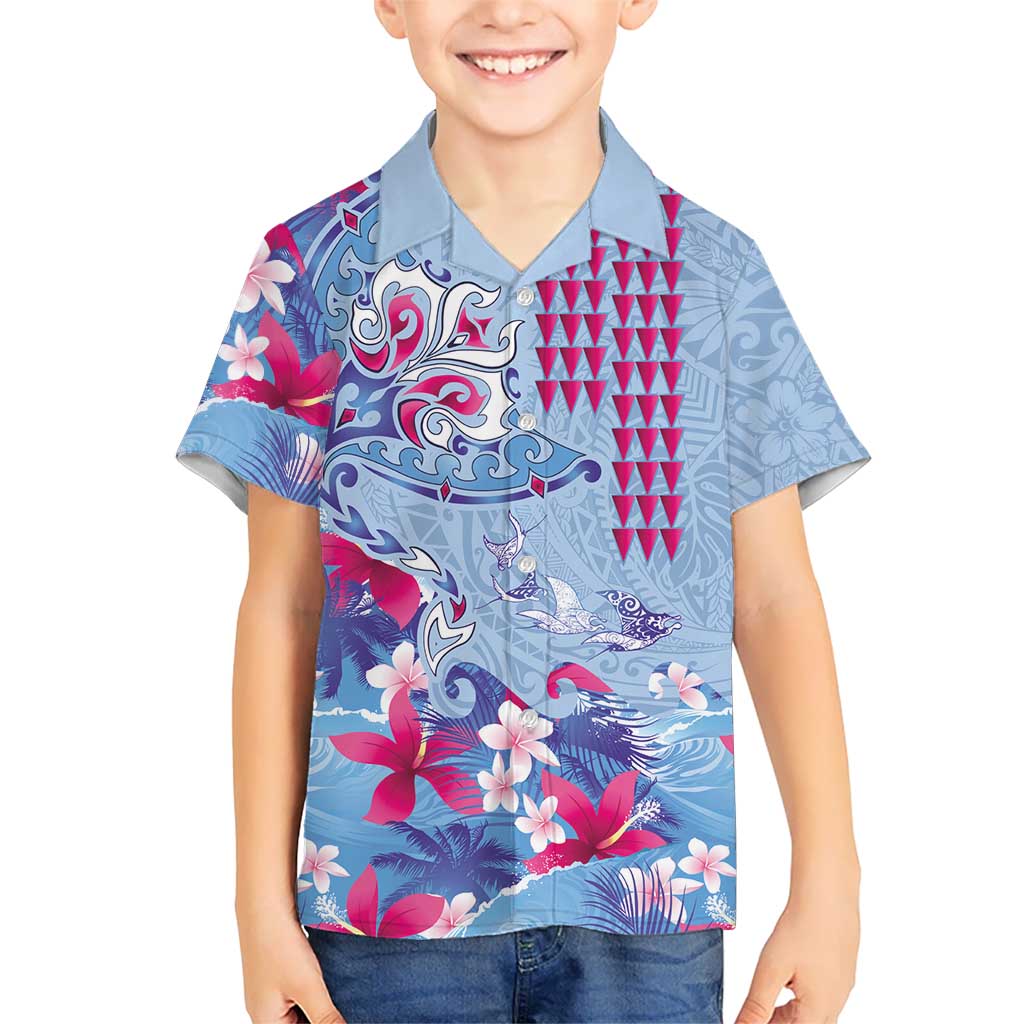 Hawaiian Tribal Manta Ray Kid Hawaiian Shirt Kakau Tattoo and Flowers Surfing Waves Pattern Soft Color LT03 Kid Multicolor - Polynesian Pride