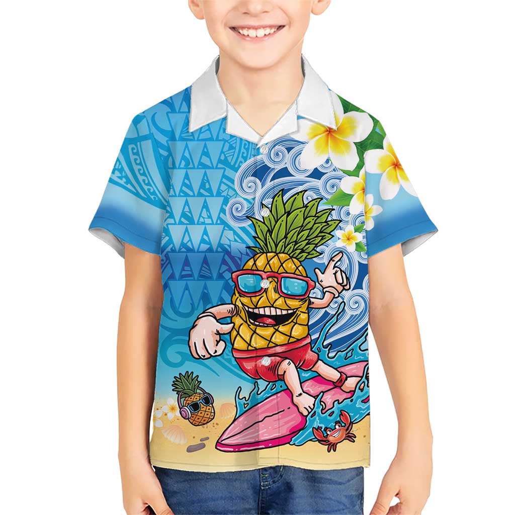 Hawaiian Funny Pineapple Surfing Kid Hawaiian Shirt Beach with Tribal Kakau and Plumeria LT03 Kid Multicolor - Polynesian Pride