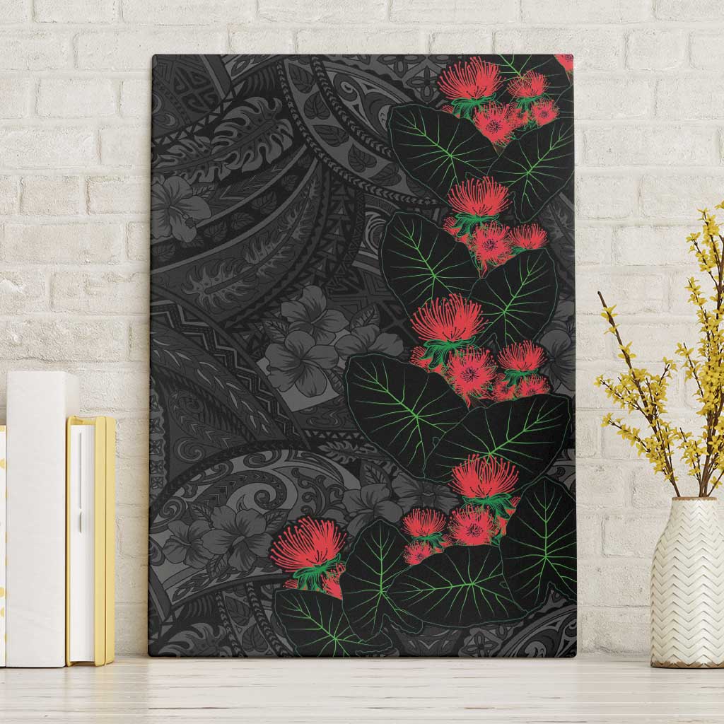 Hawaiian Taro Leaves and Ohia Lehua Canvas Wall Art Polynesian Tribal Art Tropical Plants Motifs Grayscale LT03 Without Frame Multicolor - Polynesian Pride