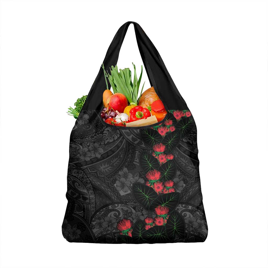 Hawaiian Taro Leaves and Ohia Lehua Grocery Bag Polynesian Tribal Art Tropical Plants Motifs Grayscale LT03 1-pack One Size Multicolor - Polynesian Pride