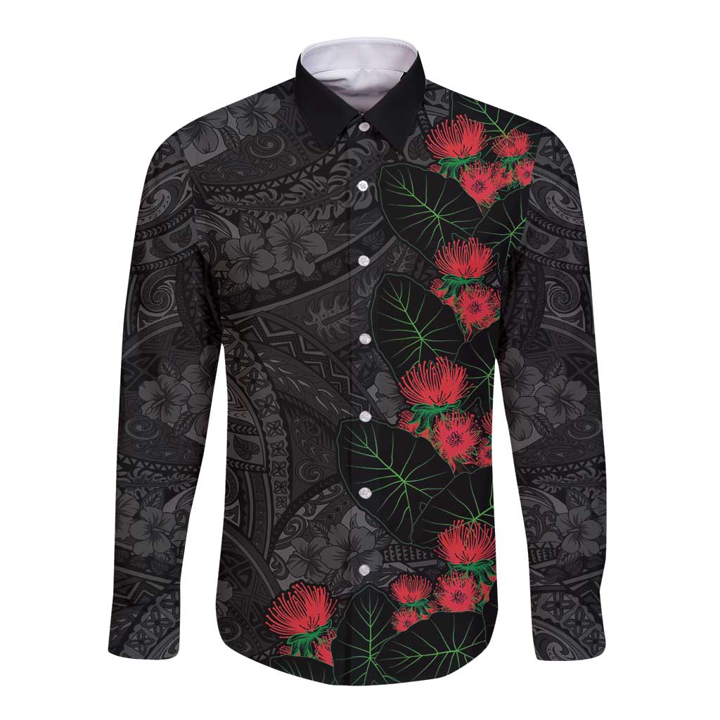 Hawaiian Taro Leaves and Ohia Lehua Long Sleeve Button Shirt Polynesian Tribal Art Tropical Plants Motifs Grayscale LT03 Unisex Multicolor - Polynesian Pride
