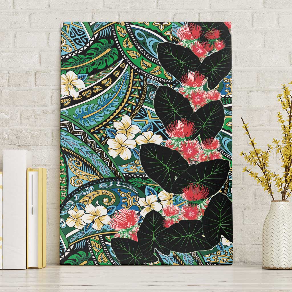 Hawaiian Taro Leaves and Ohia Lehua Canvas Wall Art Polynesian Tribal Art Tropical Plants Motifs Colorful LT03 Without Frame Multicolor - Polynesian Pride