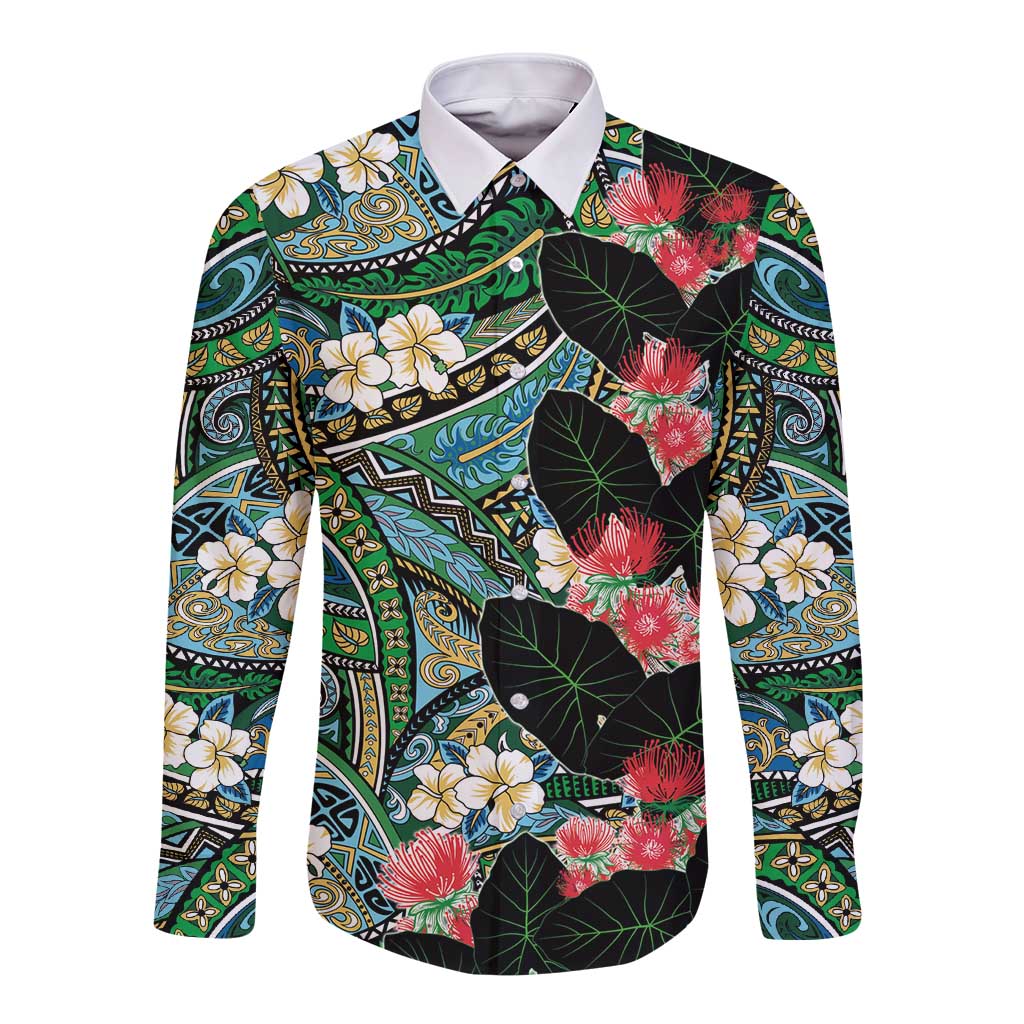Hawaiian Taro Leaves and Ohia Lehua Long Sleeve Button Shirt Polynesian Tribal Art Tropical Plants Motifs Colorful LT03 Unisex Multicolor - Polynesian Pride