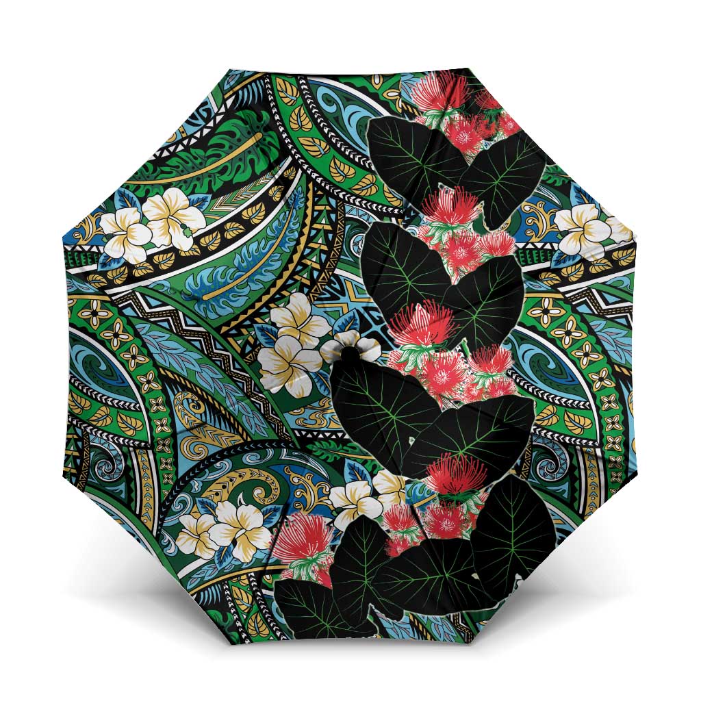 Hawaiian Taro Leaves and Ohia Lehua Umbrella Polynesian Tribal Art Tropical Plants Motifs Colorful LT03 One Size Folded 11.42 inch Opened Diameter 37.4 inch Multicolor - Polynesian Pride