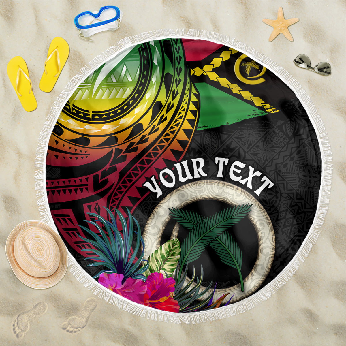 Personalised Vanuatu 44th Anniversary Beach Blanket Boars Tusk Tugeta Yumi Selebretem Indipendens Dei LT03 One Size 150cm Black - Polynesian Pride
