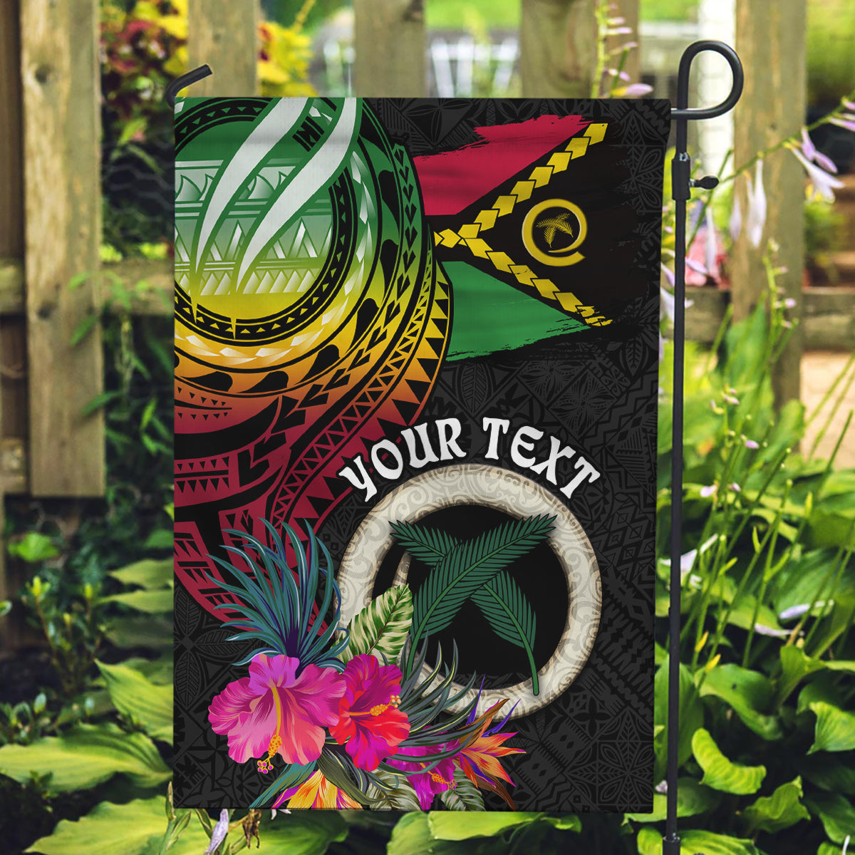 Personalised Vanuatu 44th Anniversary Garden Flag Boars Tusk Tugeta Yumi Selebretem Indipendens Dei LT03 Garden Flag Black - Polynesian Pride